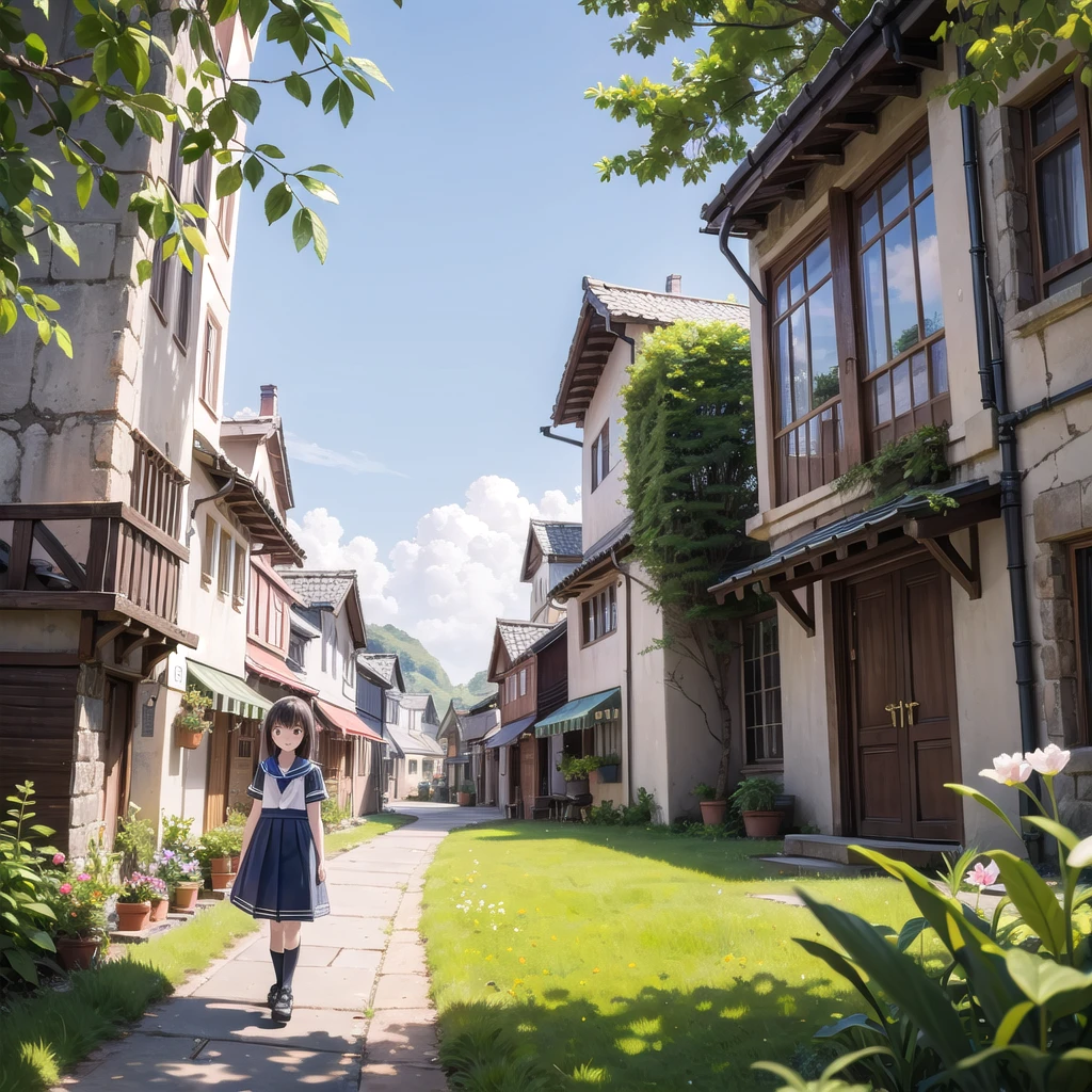 (masterpiece),  town,  blue sky,  One Girl,  smile,  alone,  Sailor suit、Long skirt,  Overgrown,  petal,  plant、Skirt lining、Translucent slip