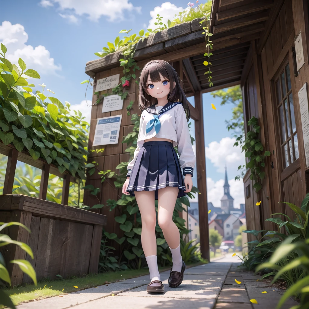 (masterpiece),  town,  blue sky,  One Girl,  smile,  alone,  Sailor suit、Below the knee skirt,  Overgrown,  petal,  plant、Skirt lining、Translucent slip