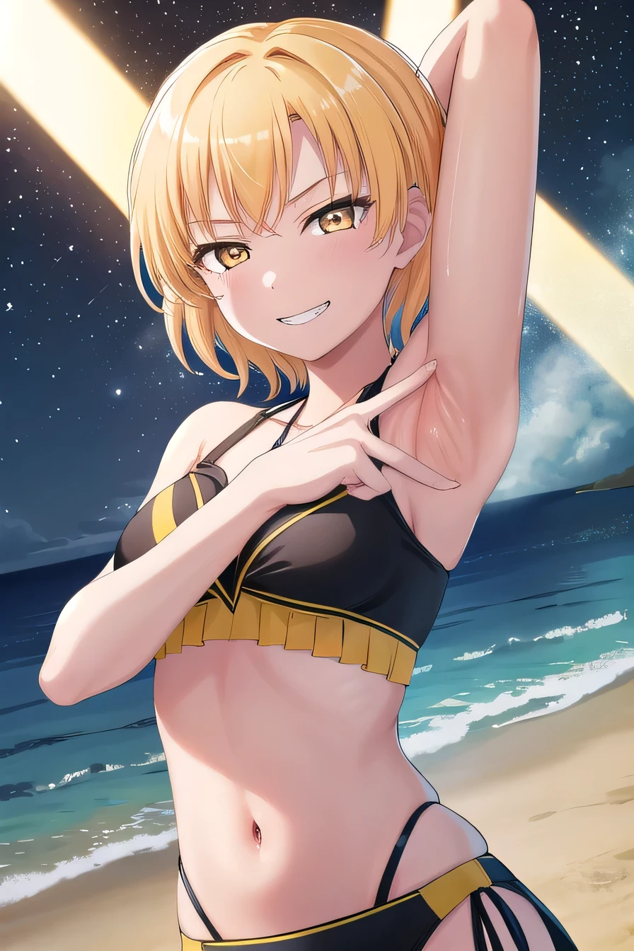 MASKING, 1girl, solo, looking at viewer, smile, short hair, blonde hair, brown eyes, yellow eyes, black bikini, high quality, solo, night sky, beach, arms behind head, contrapposto, closed mouth, spread armpits, upper body, looking at viewer, grin, best quality,