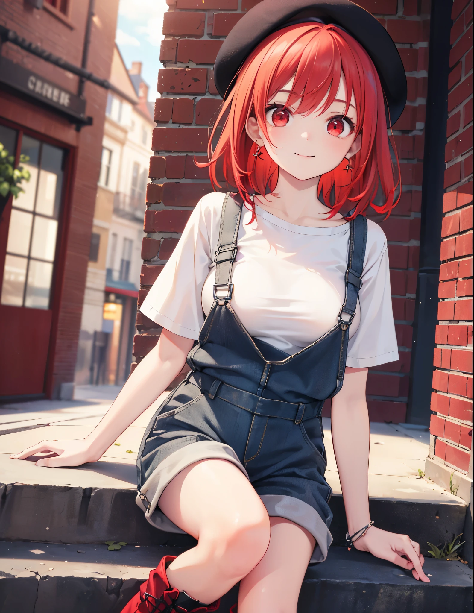 Realistic,Highest quality, Ultra Detail, High-quality CG rendering, The most delicate and beautiful, Floating softly, High resolution, (1 girl), (Highest quality,4K,8K,masterpiece:1.2),(All red hair:1.5), (Medium Hair:1.5),(Red eyes:1.5),(Slightly larger breasts:1.2), (Beige overalls:1.3),(Pure white inner T-shirt:1.3),(Black boots:1.3)、(Brown Beret:1.3)、Piercing in left ear,In the city,old buildings,(whole body:1.3),(smile)