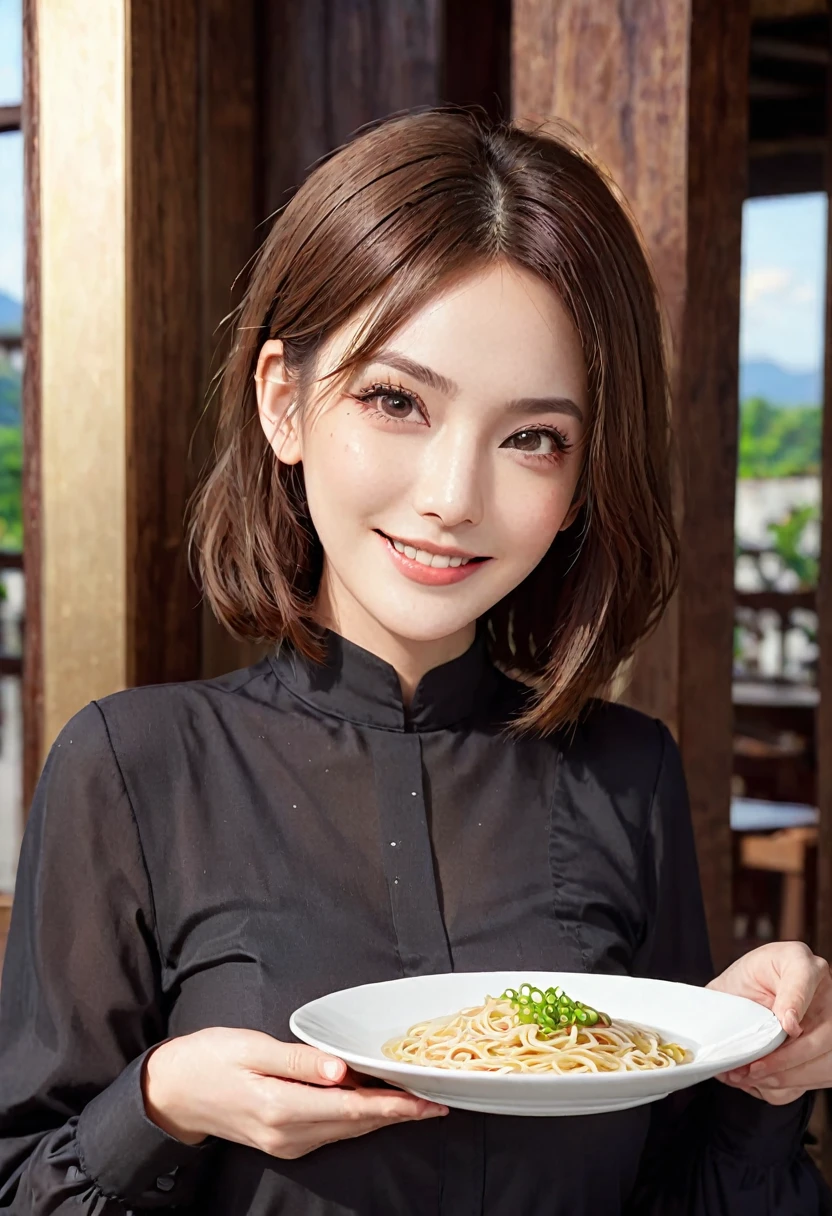 ((highest quality、8k、masterpiece:1.3))、Luna Maya lookalike beauty、1 male、1 female、Couple、Spouse、half、The body is slim、((Bob Hale、Straight hair:1.2)), (Realistic, Intricate details:1.2), Shine light on her  face、 Amazing view of the sunset sky and clouds、Amazing mountain views、A bright smile、The wonderfulness of smile、Bright image、The beauty of wine, Beautiful Face, blue eyes, The light shines on your face, Blushing, short hair,Bright Face、 (Age 30), 30years old, Brown Hair、Shortcuts、Long sleeve shirt、dress、Pretty Woman 1, (Slim face), (The body is slim), (Brown Hair), (Shortcuts), cheeks turn a little red,Attractive beauty、restaurant, In a prominent place (From the waist up) Nova Frog Style, actress, model, Upper Body, Red plate, square, thin plate, A plate of noodle placed in the center, smile, (smile: 1.15), Beautiful fine grain, Depth f/2,saturation, High Contrast, Strong light and shadow,Moist Body:1.5、3D texture、Delicate eyes、Brown Hair、The hair is very shiny、