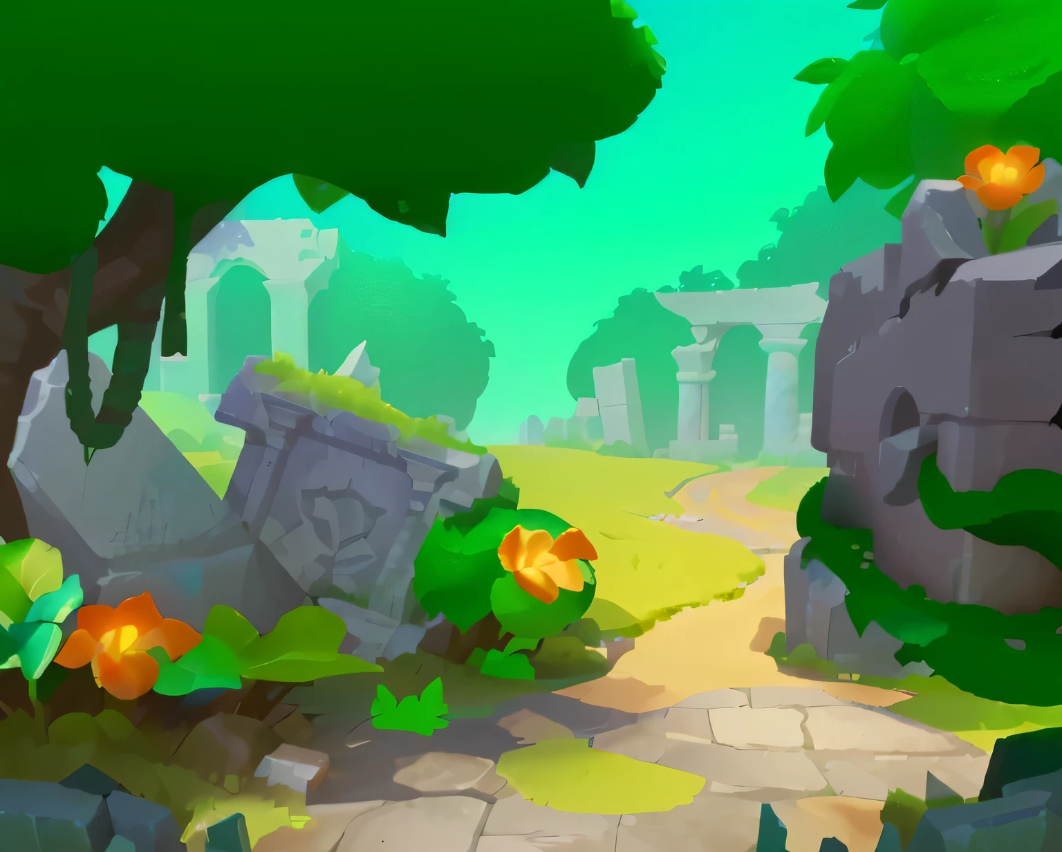 Ancient ruins, slate path, jungle background and ruins, stone statues, vines, mobile game background, ancient ruins background, ruins background, background jungle, background art, background ruins, mobile game art, background jungle, European and American cartoon style, 3D
