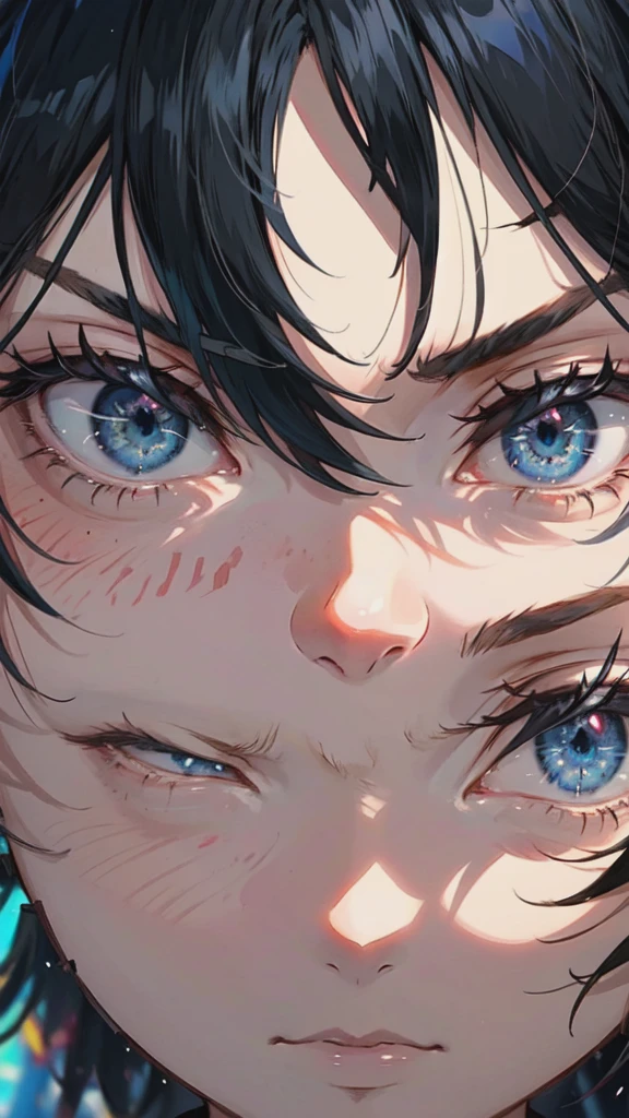 Anime girl with black hair and blue eyes looking at the camera, Attack on Titanより, (Attack on Titanアニメ), Close-up of a young anime girl, Young woman anime visual, Attack on Titan, Today&#39;s featured anime is still, Mikasa Ackerman, close!!!!!, Another close-up of Iwakura, Extremely close up shot, close!!