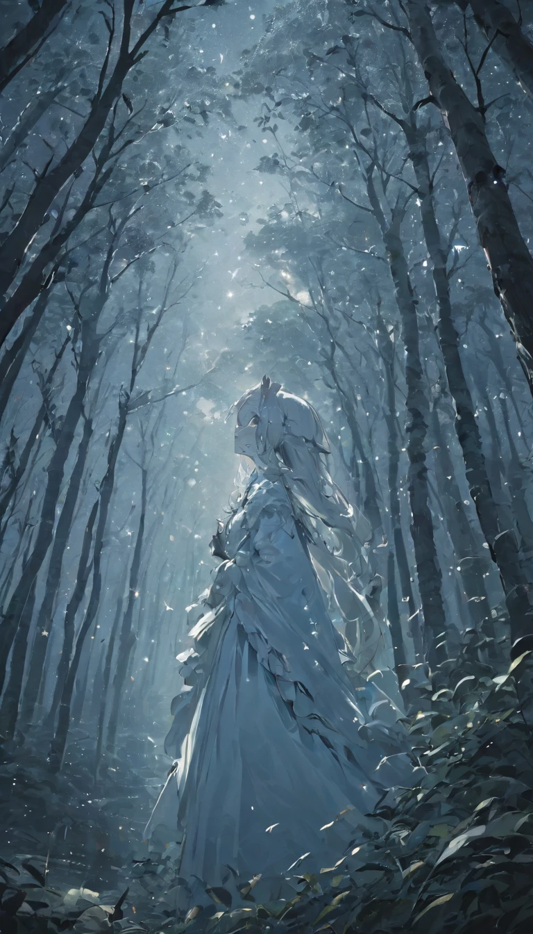 quality\(8K,非常に精細なCGユニットのwallpaper, masterpiece,High resolution,top-quality,top-quality real texture skin,Surreal,Increase the resolution,RAW Photos,最高quality,Very detailed,wallpaper\),BREAK、Circle image、White Forestを歩く、White leavesの木々、White leaves、White Forest、Long Shot、The subject is small、Beautiful dense forest、白から黒にGradation、Gradation、BREAK、One Girl、Look Up、Highly detailed face、Detailed face、Side Shot、Beautiful profile、Looking up、White sky close to black、Stars and Clouds、A fresh angle、BREAK、Overall dark、Cinematic Lighting、Very elaborate lighting、