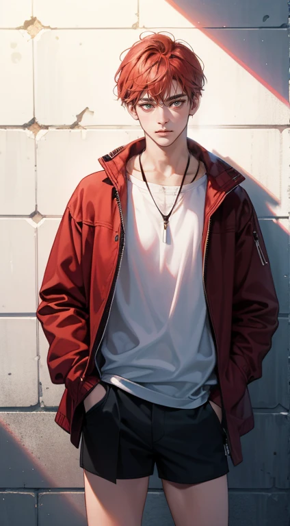 (work of art, best qualityer, 1 boy, standing alone, details Intricate, Chromatic aberration), realisitic, ((Medium Breathment)),Short hair, Red hair, red decoration on the head, pink highlights, amber eyes, aretes, sharp eyes, necklase, neon shirt, tear shorts, unbuttoned jacket, high collar, natta, against the wall, brick wall, graffit, Poor lighting, beco, Look at the Beholder