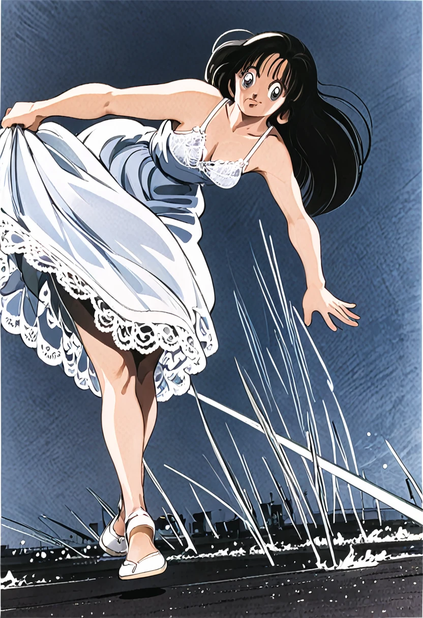 音無響子
Low - Angle、
Low - Angle、Long skirt、Hold down your skirt that is being blown up by the strong wind、Anime white panties in a strong wind、Crotch is visible
ローレグのパンツ、Color: White、
Crotch is visible、
、Lined、White lace lining、
