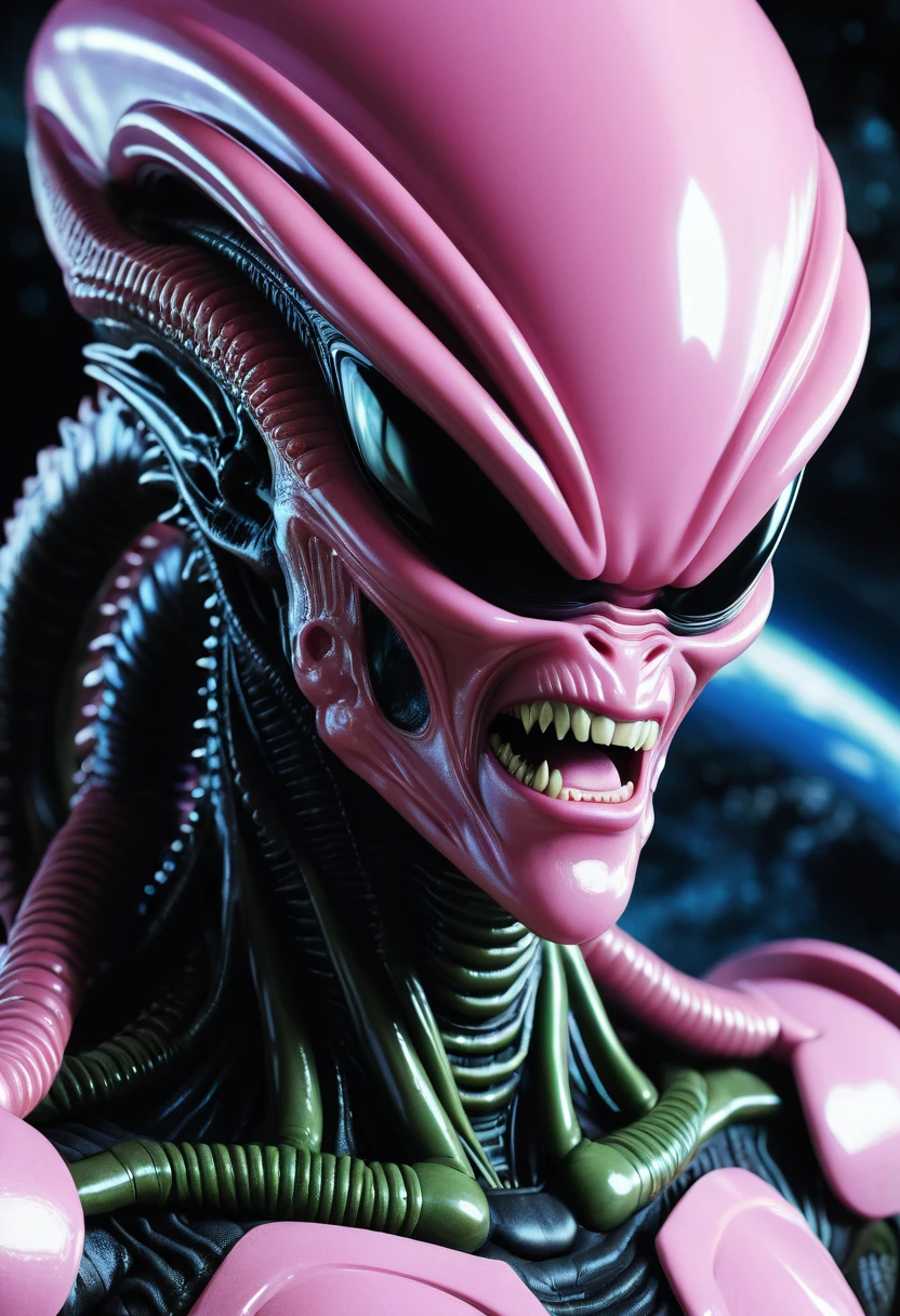 (((Extreme close-up Xenomorph Alien the eighth fusion passenger Majin Buu))),(((Dragon Ball Z))) front images color images Splash Akira Toriyama))),(((Surreal and cinematic images)))