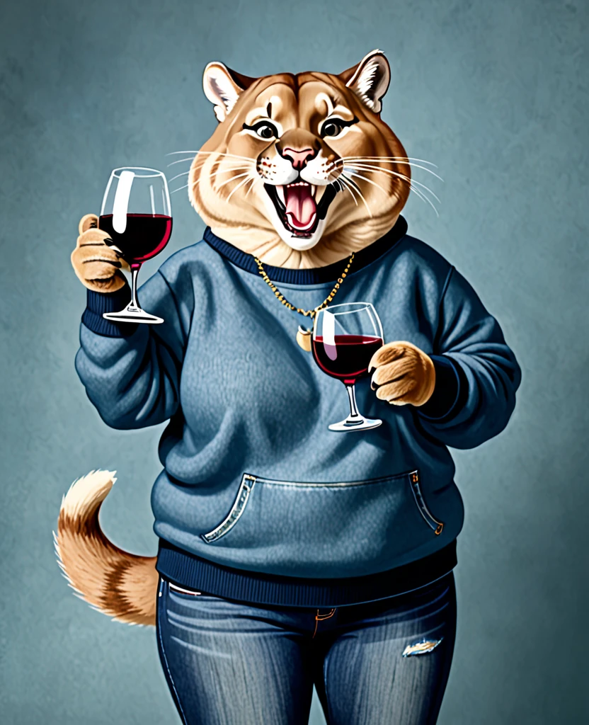 An anthropomorphic cougar, chubby, with jeans and a sweatshirt on, wine glass in hands, giggling