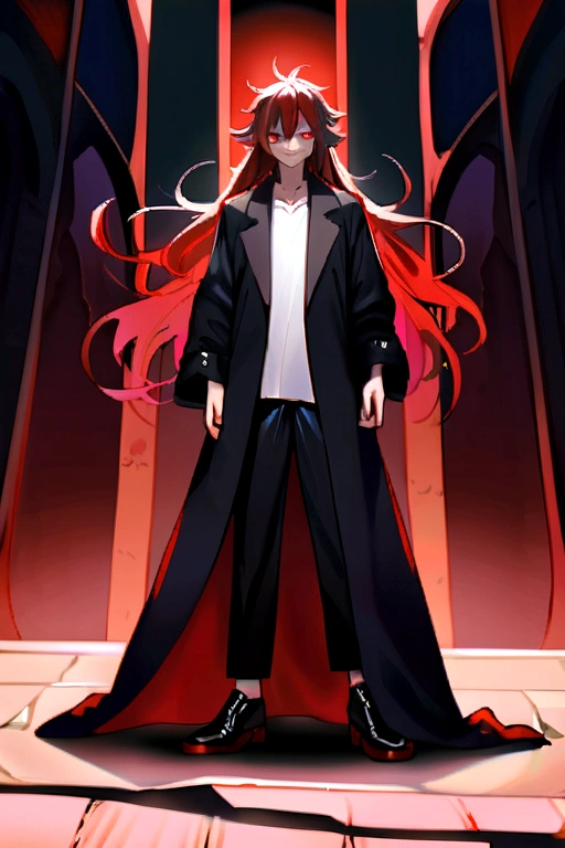 1teenage boy, Messy hair, long hair, multicolored black and red hair, black and red eyes heterochromia, evil grin, dark red, loose-fitting shirt, black coat with red tattoos, wide black pants, big black shoes
