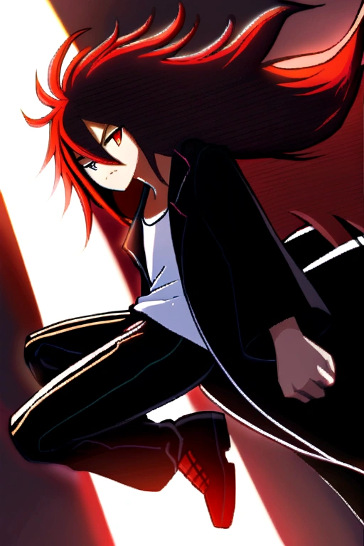 1teenage boy, Messy hair, long hair, multicolored black and red hair, black and red eyes heterochromia, evil grin, dark red, loose-fitting shirt, black coat with red tattoos, wide black pants, big black shoes