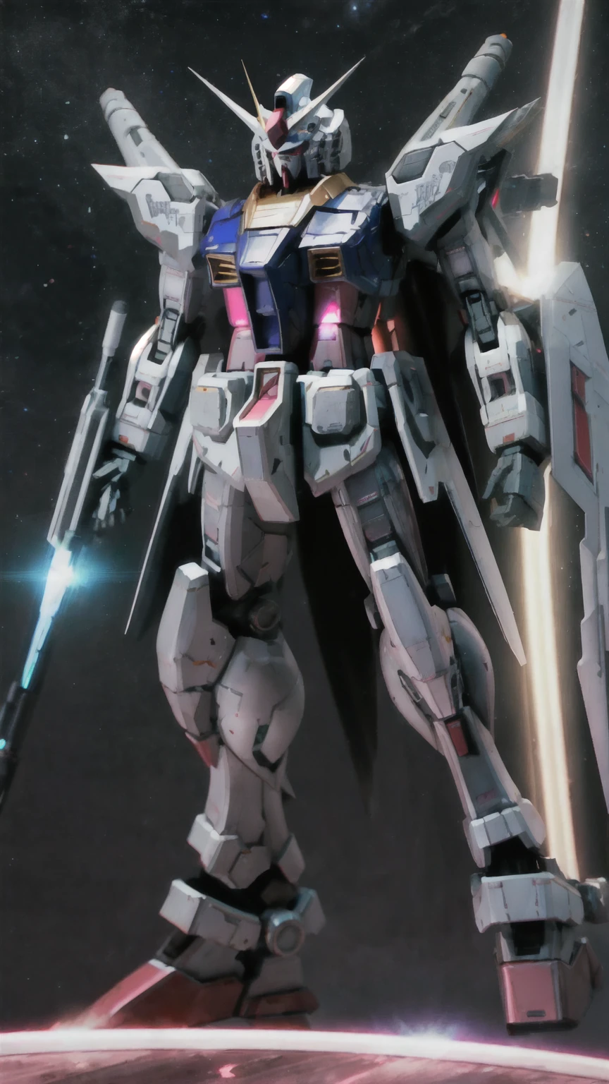Real、high resolution、8K、The Strike Freedom Gundam stands in space emitting pink light particles.、Particles of light are emitted in all directions from the entire aircraft.、