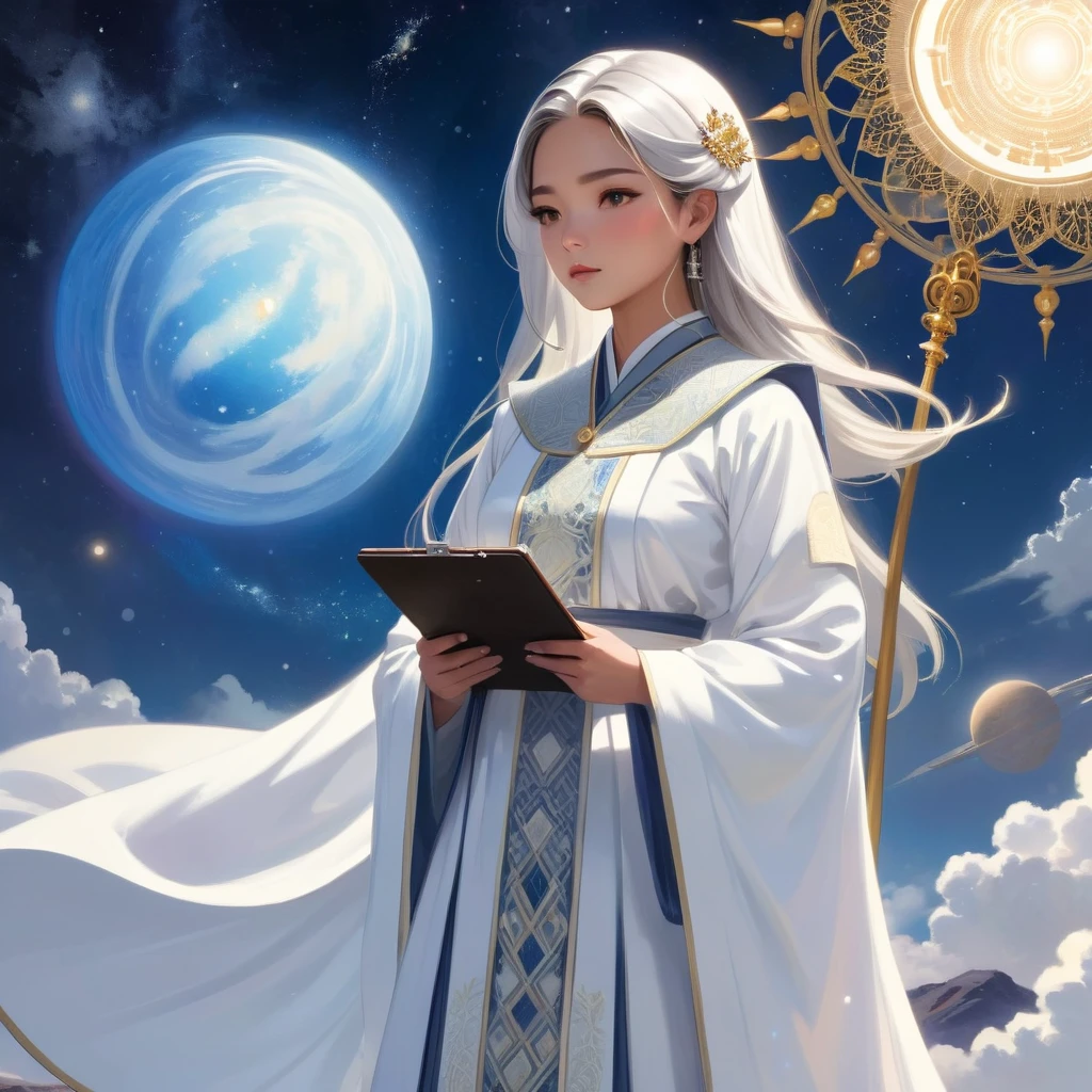 A Severe Judge's loyal Assistant with a clipboard in hand, a meticulous young woman, embodying precision and diligence, stands erect in a serene cosmic landscape. She wears a traditional professional attires, its pristine black abric exuding cleanliness and rigor. The intricate patterns, as if infused with celestial energy.