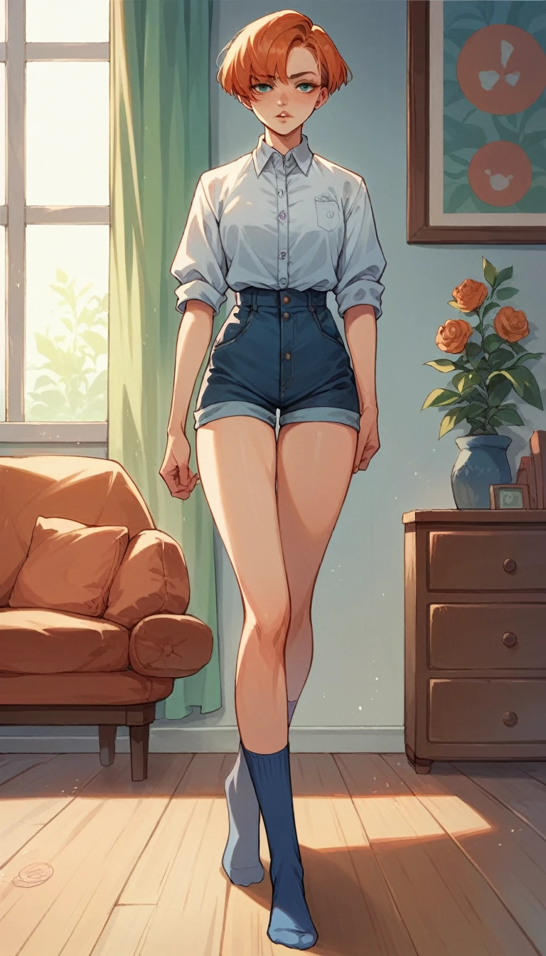 a age girl sexy attractive beautiful cool popular short orange hair disheveled cut light red lip wears long light blue button shirt sensual curves and a short purple miniskirt pair short blue socks legs white heel she walking living room class