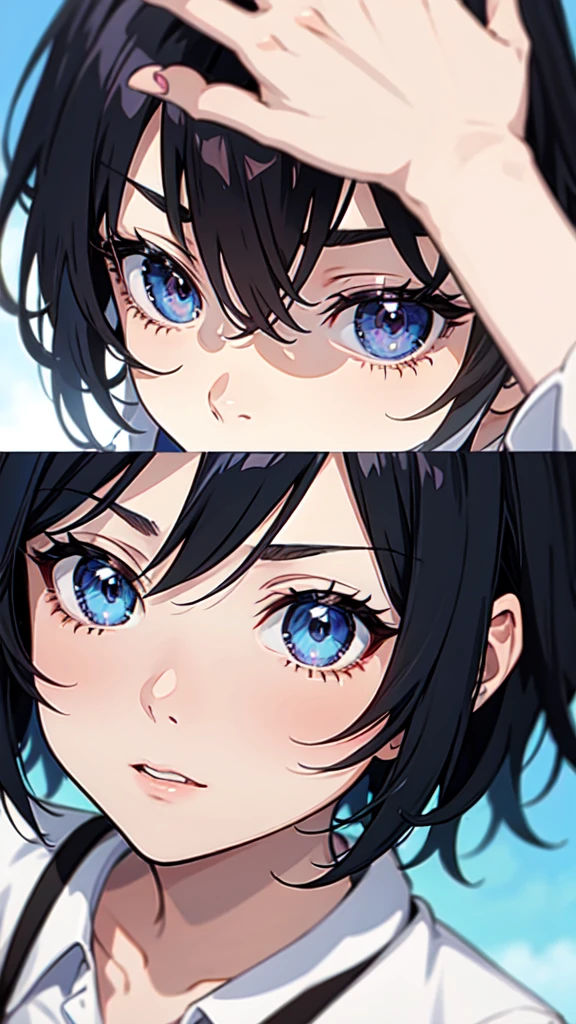 Anime girl with black hair and blue eyes looking at the camera, Attack on Titanより, (Attack on Titanアニメ), Close-up of a young anime girl, Young woman anime visual, Attack on Titan, Today's featured anime is still, Mikasa Ackerman, close!!!!!, Another close-up of Iwakura, Extremely close up shot, close!!