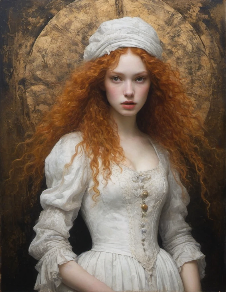 James Gurney, Surrealist art , dream-like, Mysterious, Provocative, symbolic, Complex, detailed,, (Gothic but very beautiful:1.4), (masterpiece, highest quality:1.4) , Nicola Samori Style, young girl with half-long curly ginger hair, white dress, white hat