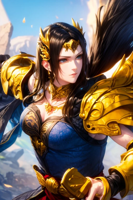 8K,knight with sword,1 male,ornate armor(The elaborately crafted coat of arms of a nobleman),ultra high resolution,surreal,realistic skin,Black hair short hair,big black eyes,muscular body,waist armor,delicate hands, Perfect hand shape, character art,Battle scenes,action pose,masterpiece,Realistic RAW photos of the highest quality,bright colors,rich colors, backlight, movie lights, film grain,50mm lens,forage