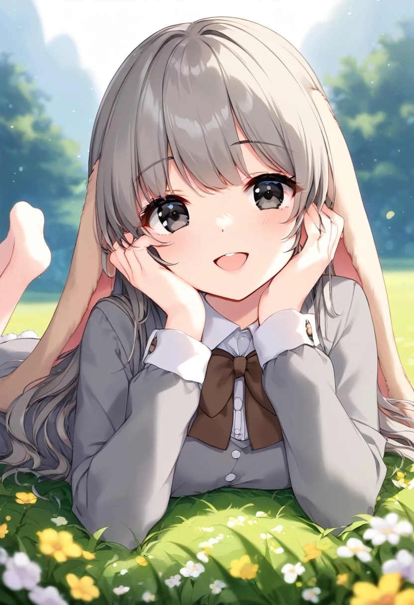 (8k, masterpiece, best quality, ultra-detailed, an extremely delicate and beautiful, official style, depth of field, highly detailed, very aesthetic, intricate, overall detail, perfect anatomy), looking at viewer, front view, outdoors, on grass, flower, on stomach, BREAK 1girl, solo, gray hair, long hair, black eyes, hands on own cheek, smile, happy, faint lips, open mouth, rabbit girl, (floppy ears, droppy ears, lop ears, fluffy:1.2), rabbit tail, (gray dress, brown bowtie, frill, long sleeves:1.2)