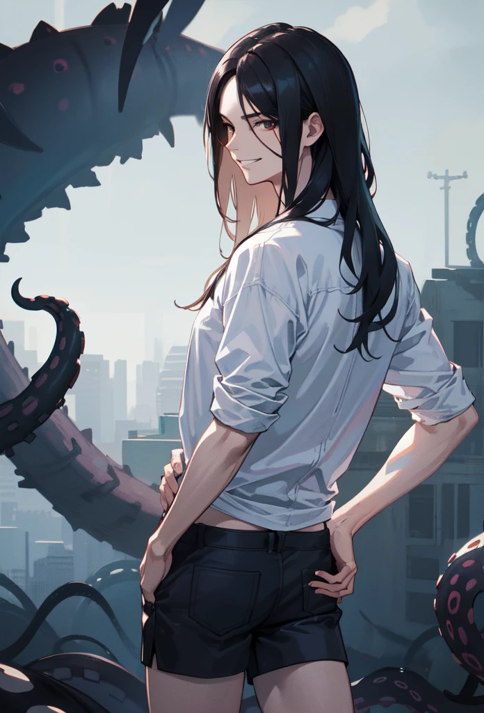 masterpiece, best quality, highres, 1boy, black hair, long hair, hair in wolf cut, looking at the viewer, with a smug grin, pale skin, cunning face, male focus, casual clothing, baggy shirt with shorts, one hand on head other on hip, black oozy tentacles coming from back, dramatic lighting, cinematic composition, vivid colors, photorealistic, studio lighting, ultra-detailed