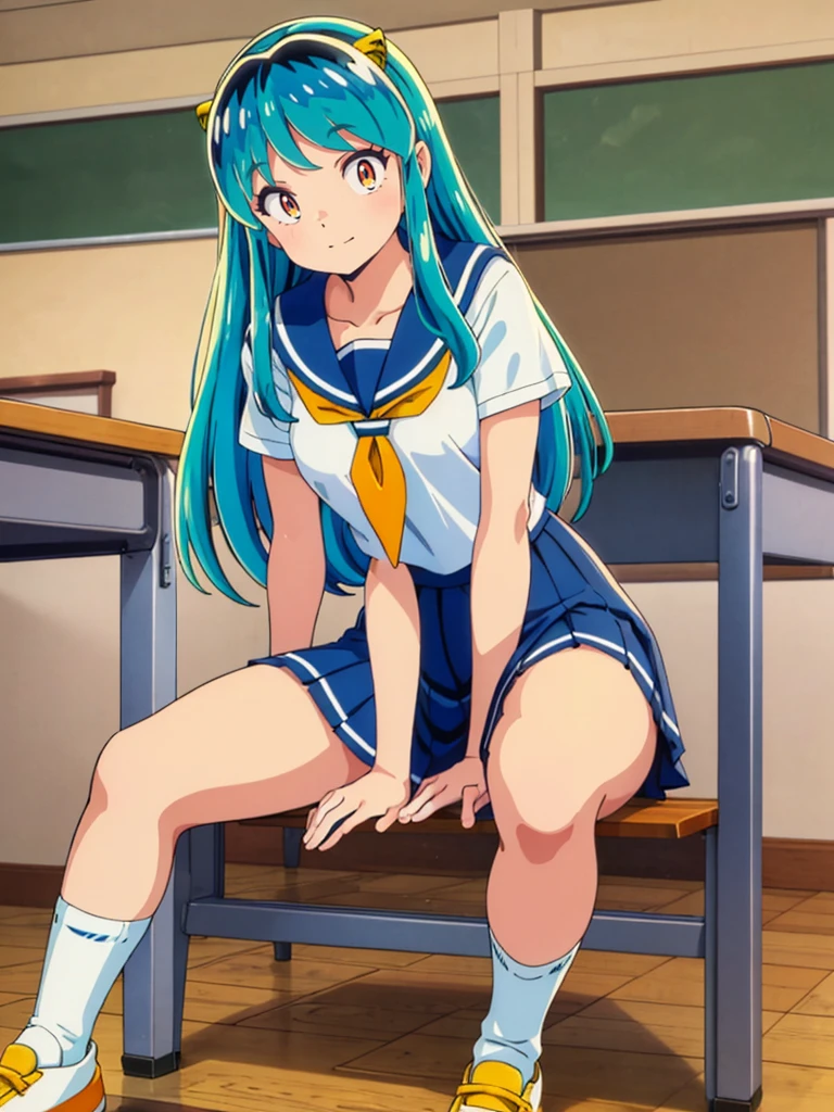 masterpiece, Highest quality, 1 Girl, Lum, Sailor suit, Summer clothes, Navy Blue Skirt, uniform, anime, Charm, 18-year-old, sexy, Stand with your feet apart, Japan, High definition, From before, classroom, Green Hair, Cowboy Shot, smile, Yellow neckerchief, 1980年代animeスタイル, White socks, Orange sneakers