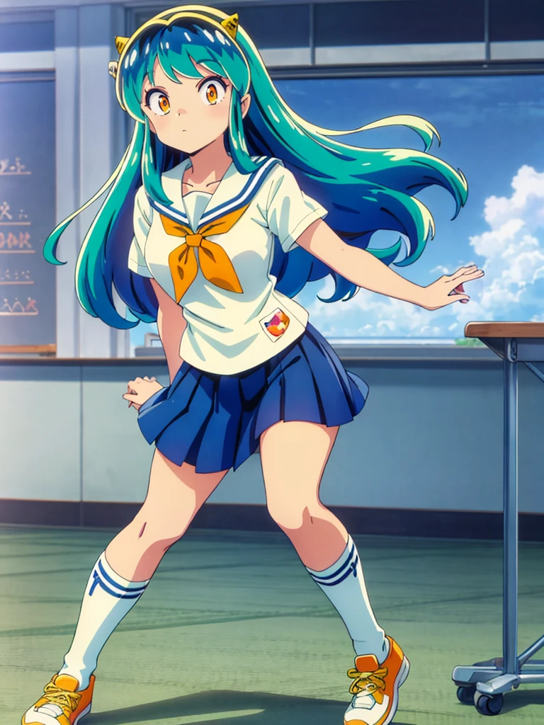 masterpiece, Highest quality, 1 Girl, Lum, Sailor suit, Summer clothes, Navy Blue Skirt, uniform, anime, Charm, 18-year-old, sexy, Stand with your feet apart, Japan, High definition, From before, classroom, Green Hair, Cowboy Shot, smile, Yellow neckerchief, 1980年代animeスタイル, White socks, Orange sneakers