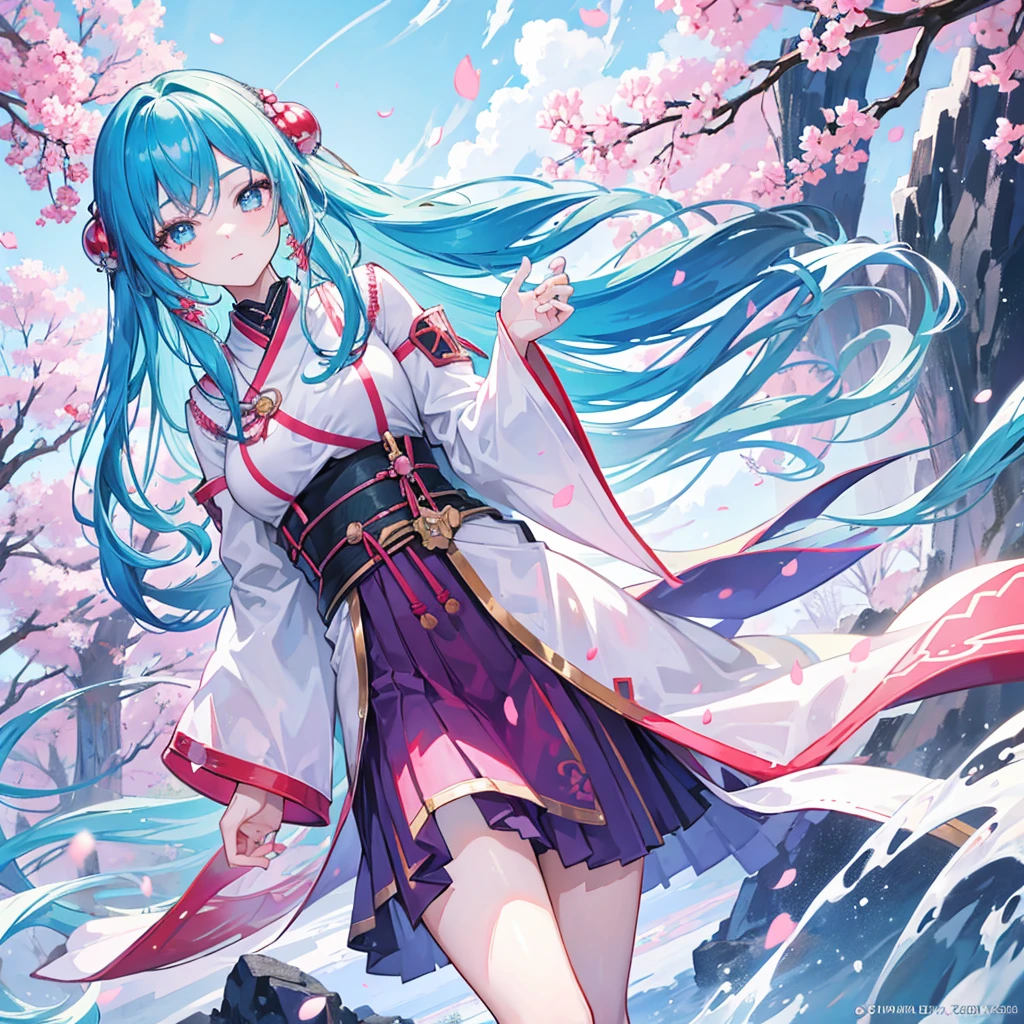 "Using advanced artificial intelligence technology, generates an image of a young anime protagonist in a fantasy setting. She should have long colorful hair, large, expressive eyes that reflect determination and curiosity. She is dressed in a modern Japanese , but with fantastic elements such as luminous details or magical accessories. The background can be a picturesque landscape with snow-capped mountains or a field of cherry blossoms., evoking a sense of adventure and mystery characteristic of anime."