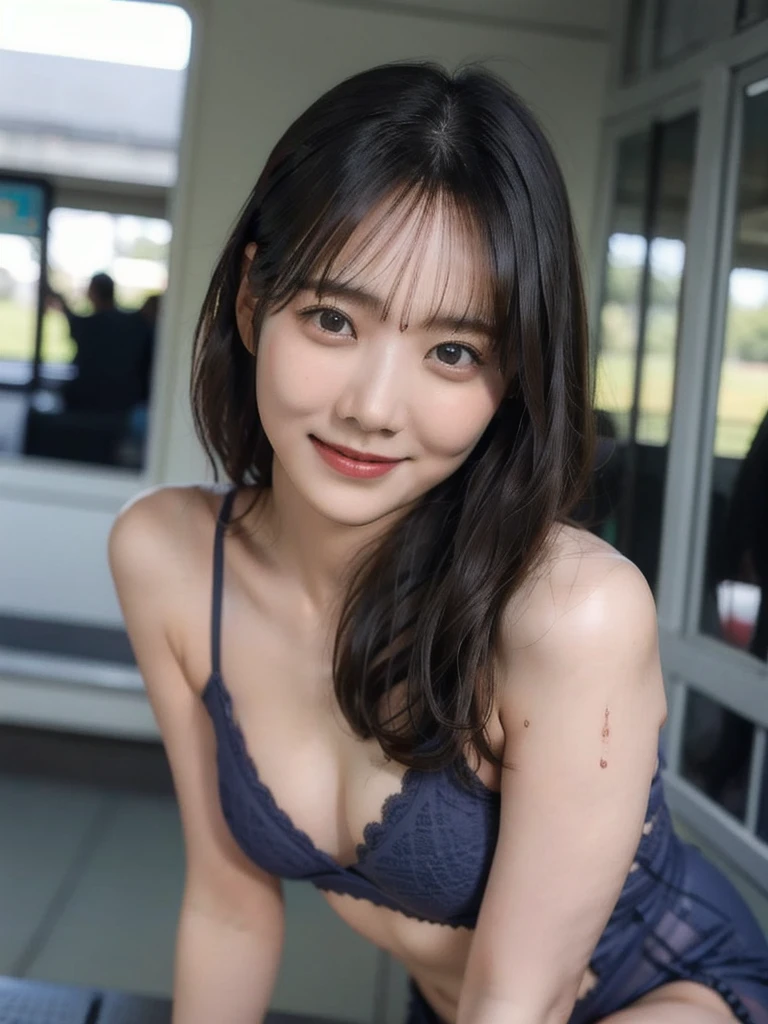 realistic photos of (1 cute Korean star) flipped hair, thin makeup, big breasts size, sexy erotic tiny string of G-string lingerie, at the train station, clear facial features of Canon EOS, 16k, high resolution, sharp and realistic details,  overexposure, cut-in, UHD, high res, best quality, full body, sweet smile, (sweating)