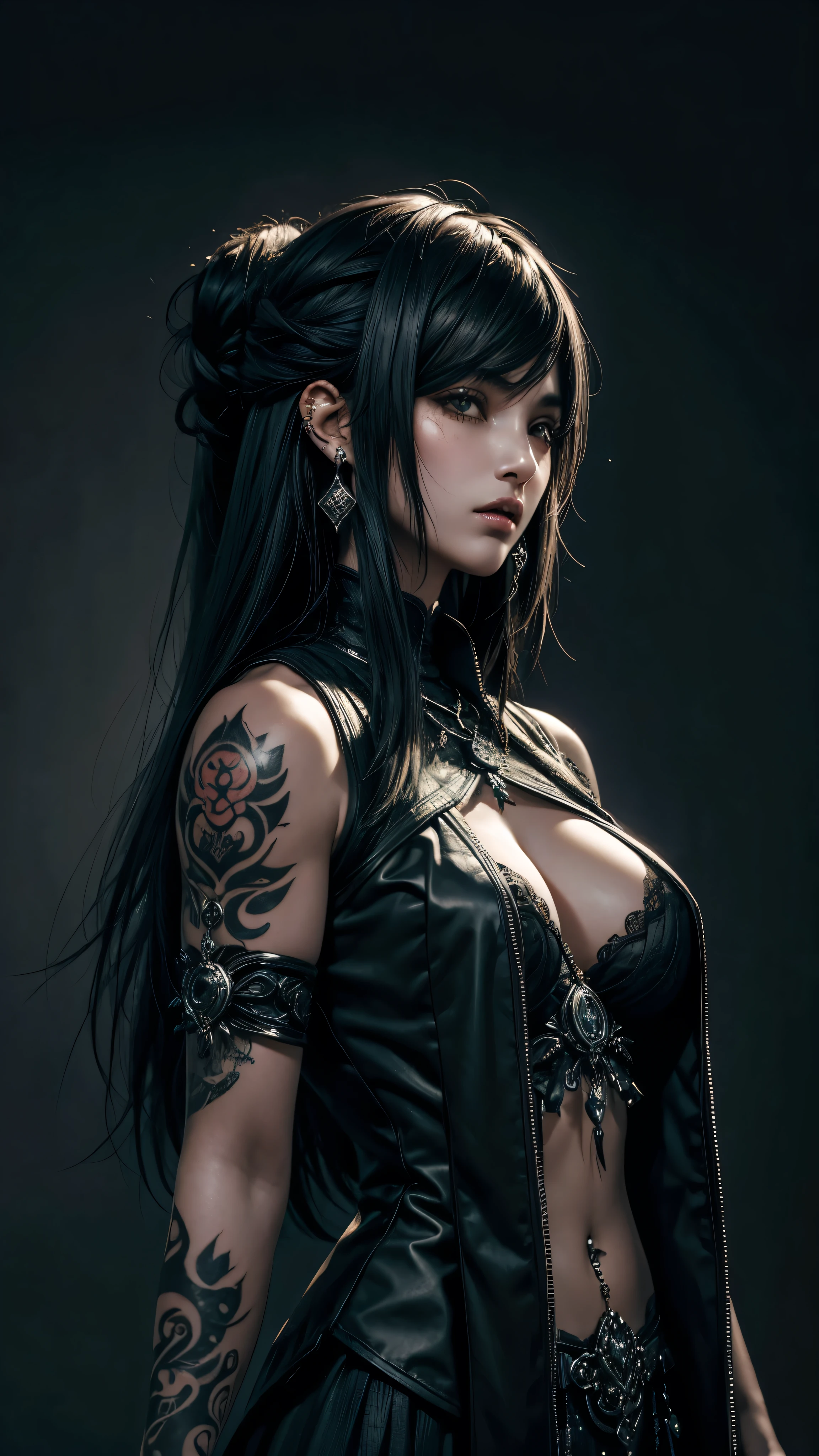 (Dark Fantasy) Brazilian girl. Castanho hair. Tattooed. Piercings nos seios fartos. Vestes de Alquimista. (Fatal Frame)