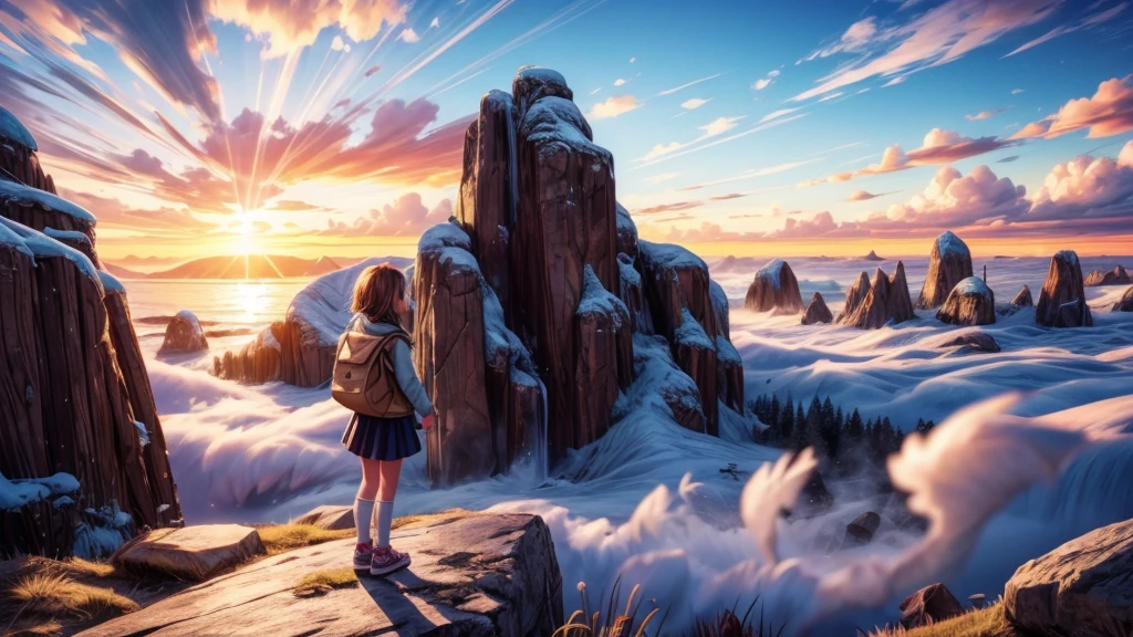 a beautiful young girl standing on a mountain top, admiring the sunrise emerging from the sea of clouds, sunlight streaming through the mist, picturesque landscape, (best quality,4k,8k,highres,masterpiece:1.2),ultra-detailed,(realistic,photorealistic,photo-realistic:1.37),detailed facial features, natural lighting, vivid colors, golden hour, atmospheric, breathtaking scenery, magical, serene, wonder, awe-inspiring