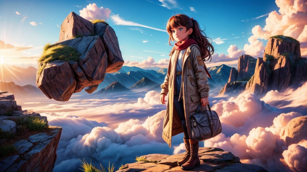 a beautiful young girl standing on a mountain top, admiring the sunrise emerging from the sea of clouds, sunlight streaming through the mist, picturesque landscape, (best quality,4k,8k,highres,masterpiece:1.2),ultra-detailed,(realistic,photorealistic,photo-realistic:1.37),detailed facial features, natural lighting, vivid colors, golden hour, atmospheric, breathtaking scenery, magical, serene, wonder, awe-inspiring