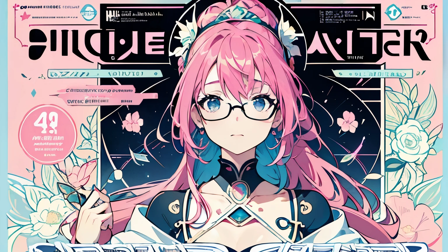 (Tabletop, Highest quality, High resolution:1.4), European woman face portrait , Long Hair, Pink Hair, ponytail,Glasses,Light purple,blue eyes,Floral frame, Decorative panel, Abstract art, Alphonse Mucha, Intricate details, 4K, Splashes of color, Line art, Fibonacci, Tarot card style background(magazine:1.3), (Cover Style:1.3)