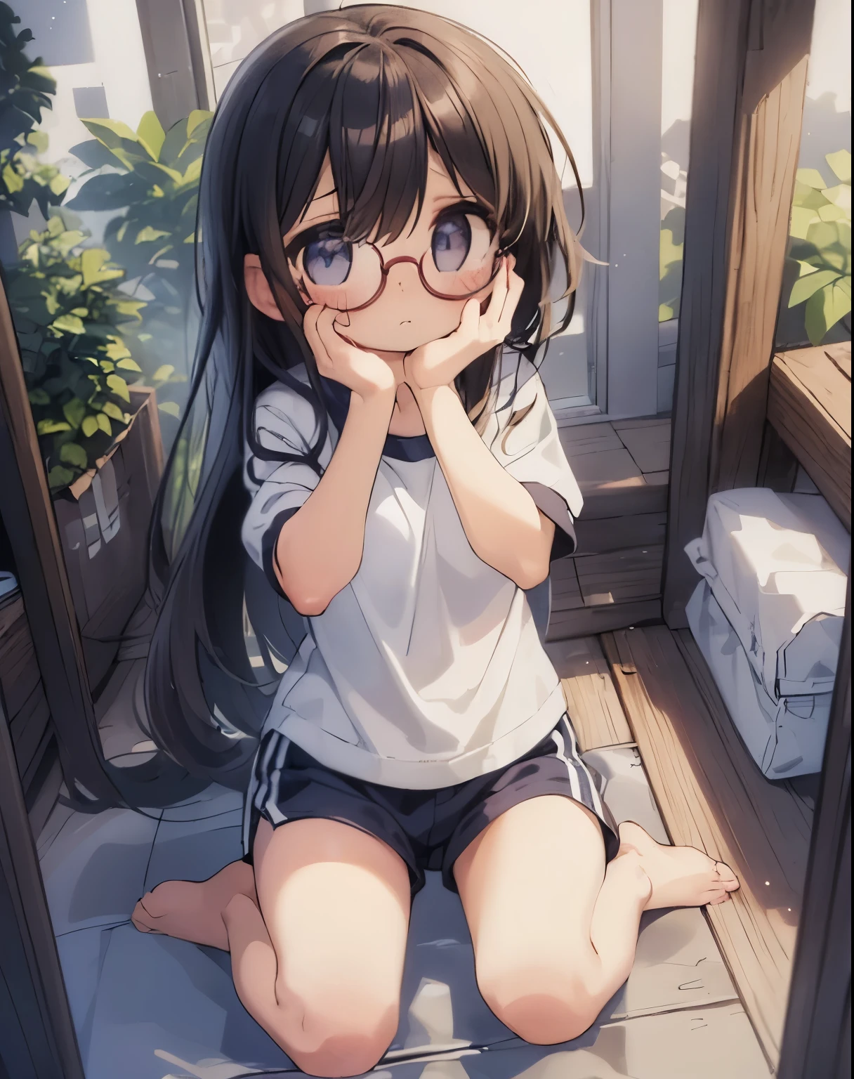 (big round glasses:1.3)、(Timid girl、sorrow、blush、Watery eye:1.2)、Long black hair、White short sleeve shirt、Navy blue shorts、(Gym suit)、 body、Flat body