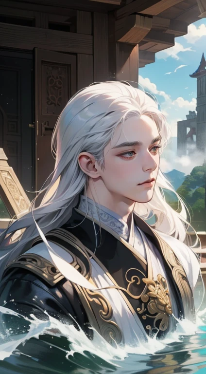 work of art, close-up of a man with white hair and white mask, beautiful figure painting, Guviz, Guwiz style art, white-haired god, Yang J., epic and exquisite character art, amazing character art, Qi Fan, Wu Zhun Shifan, Gu Vitz at Pixiv Art station, antique, mountains and rivers
