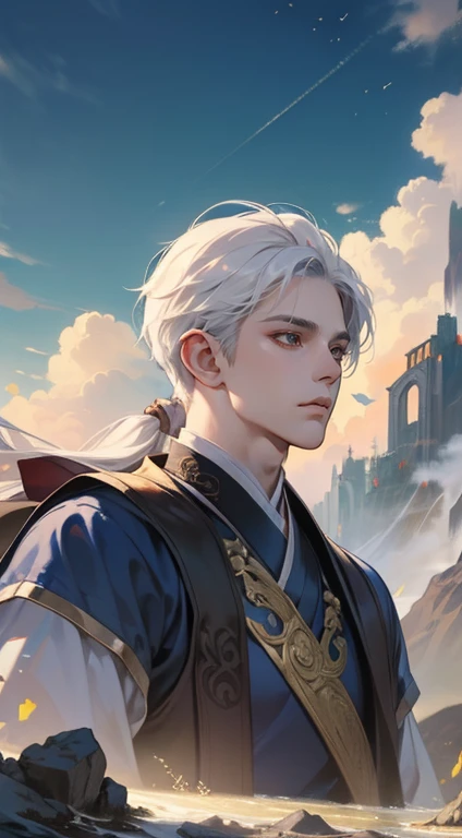 work of art, close-up of a man with white hair and white mask, beautiful figure painting, Guviz, Guwiz style art, white-haired god, Yang J., epic and exquisite character art, amazing character art, Qi Fan, Wu Zhun Shifan, Gu Vitz at Pixiv Art station, antique, mountains and rivers