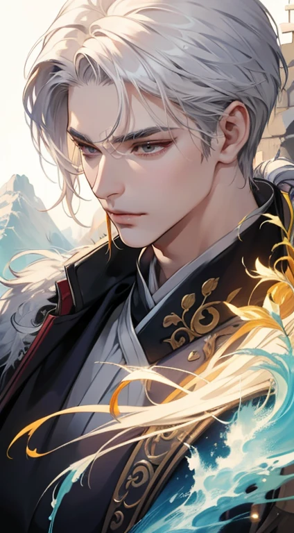 work of art, close-up of a man with white hair and white mask, beautiful figure painting, Guviz, Guwiz style art, white-haired god, Yang J., epic and exquisite character art, amazing character art, Qi Fan, Wu Zhun Shifan, Gu Vitz at Pixiv Art station, antique, mountains and rivers