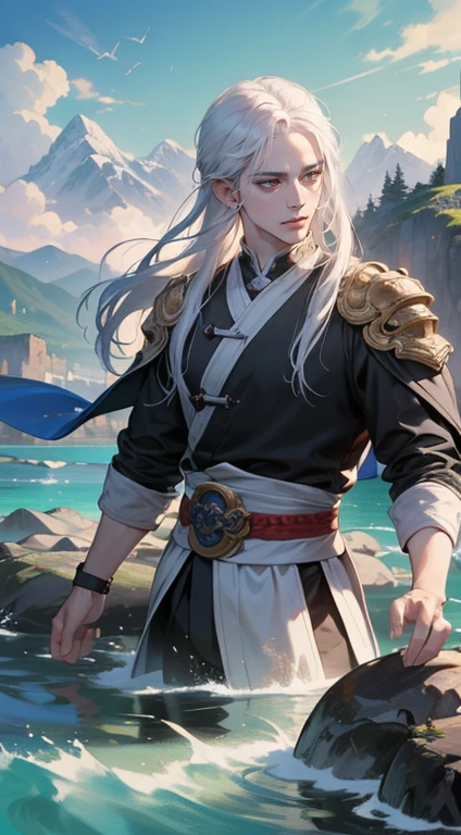 work of art, close-up of a man with white hair and white mask, beautiful figure painting, Guviz, Guwiz style art, white-haired god, Yang J., epic and exquisite character art, amazing character art, Qi Fan, Wu Zhun Shifan, Gu Vitz at Pixiv Art station, antique, mountains and rivers