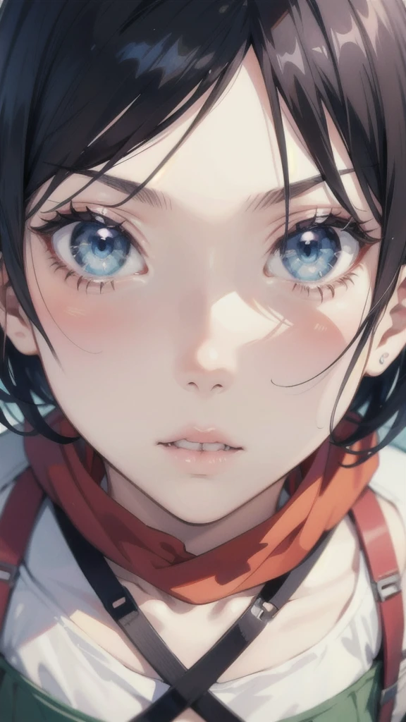 Anime girl with black hair and blue eyes looking at the camera, Attack on Titanより, (Attack on Titanアニメ), Close-up of a young anime girl, Young woman anime visual, Attack on Titan, Today&#39;s featured anime is still, Mikasa Ackerman, close!!!!!, Another close-up of Iwakura, Extremely close up shot, close!!