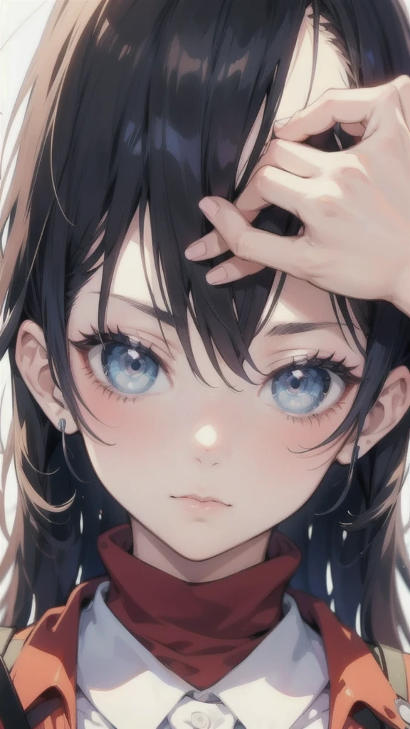 Anime girl with black hair and blue eyes looking at the camera, Attack on Titanより, (Attack on Titanアニメ), Close-up of a young anime girl, Young woman anime visual, Attack on Titan, Today's featured anime is still, Mikasa Ackerman, close!!!!!, Another close-up of Iwakura, Extremely close up shot, close!!