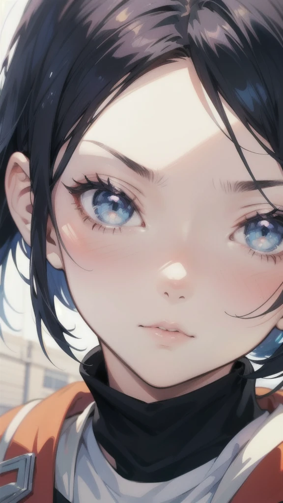 Anime girl with black hair and blue eyes looking at the camera, Attack on Titanより, (Attack on Titanアニメ), Close-up of a young anime girl, Young woman anime visual, Attack on Titan, Today's featured anime is still, Mikasa Ackerman, close!!!!!, Another close-up of Iwakura, Extremely close up shot, close!!