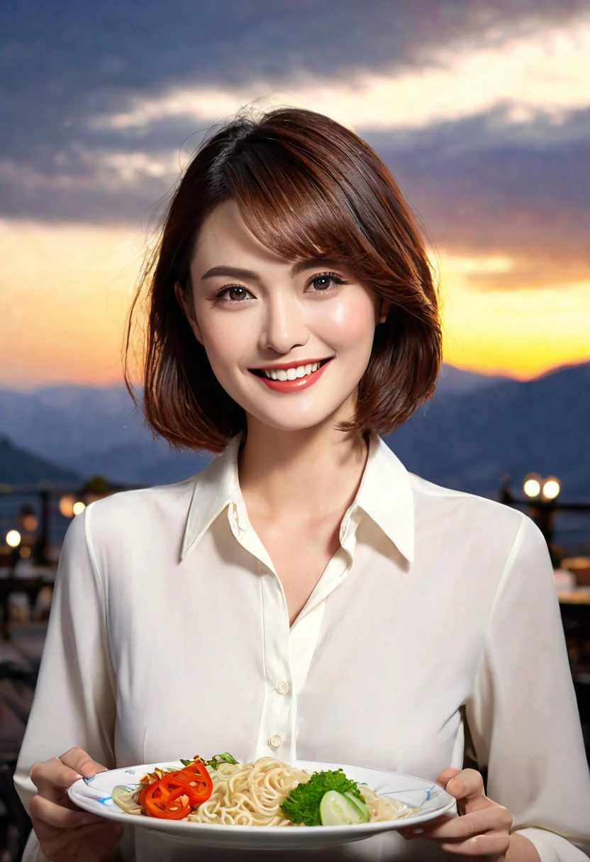 ((highest quality、8k、masterpiece:1.3))、Luna Maya lookalike beauty、1 male、1 female、Couple、Spouse、half、The body is slim、((Bob Hale、Straight hair:1.2)), (Realistic, Intricate details:1.2), Shine light on her face、 Amazing view of the sunset sky and clouds、Amazing mountain views、A bright smile、The wonderfulness of smile、Bright image、The beauty of wine, Beautiful Face, blue eyes, The light shines on your face, Blushing, short hair,Bright Face、 (Age 30), 30years old, Brown Hair、Shortcuts、Long sleeve shirt、dress、Pretty Woman 1, (Slim face), (The body is slim), (Brown Hair), (Shortcuts), cheeks turn a little red,Attractive beauty、restaurant, In a prominent place (From the waist up) Nova Frog Style, actress, model, Upper Body, Red plate, square, thin plate, A plate of noodle placed in the center, smile, (smile: 1.15), Beautiful fine grain, Depth f/2,saturation, High Contrast, Strong light and shadow,Moist Body:1.5、3D texture、Delicate eyes、Brown Hair、The hair is very shiny、