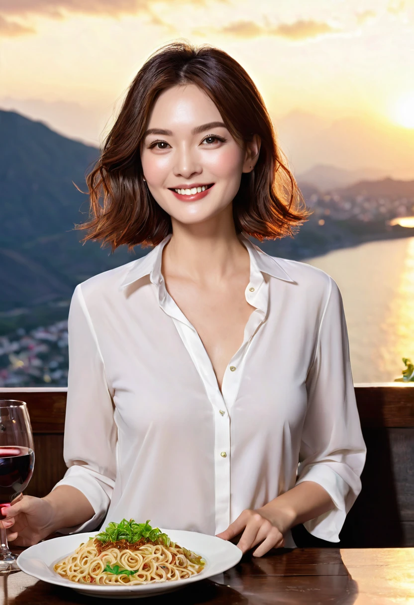 ((highest quality、8k、masterpiece:1.3))、Luna Maya lookalike beauty、1 male、1 female、Couple、Spouse、half、The body is slim、((Bob Hale、Straight hair:1.2)), (Realistic, Intricate details:1.2), Shine light on her face、 Amazing view of the sunset sky and clouds、Amazing mountain views、A bright smile、The wonderfulness of smile、Bright image、The beauty of wine, Beautiful Face, blue eyes, The light shines on your face, Blushing, short hair,Bright Face、 (Age 30), 30years old, Brown Hair、Shortcuts、Long sleeve shirt、dress、Pretty Woman 1, (Slim face), (The body is slim), (Brown Hair), (Shortcuts), cheeks turn a little red,Attractive beauty、restaurant, In a prominent place (From the waist up) Nova Frog Style, actress, model, Upper Body, Red plate, square, thin plate, A plate of noodle placed in the center, smile, (smile: 1.15), Beautiful fine grain, Depth f/2,saturation, High Contrast, Strong light and shadow,Moist Body:1.5、3D texture、Delicate eyes、Brown Hair、The hair is very shiny、