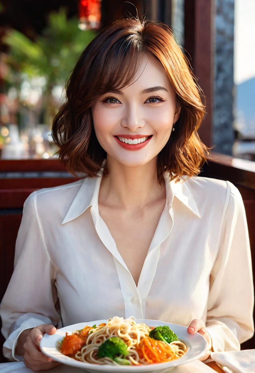 ((highest quality、8k、masterpiece:1.3))、Luna Maya lookalike beauty、1 male、1 female、Couple、Spouse、half、The body is slim、((Bob Hale、Straight hair:1.2)), (Realistic, Intricate details:1.2), Shine light on her face、 Amazing view of the sunset sky and clouds、Amazing mountain views、A bright smile、The wonderfulness of smile、Bright image、The beauty of wine, Beautiful Face, blue eyes, The light shines on your face, Blushing, short hair,Bright Face、 (Age 30), 30years old, Brown Hair、Shortcuts、Long sleeve shirt、dress、Pretty Woman 1, (Slim face), (The body is slim), (Brown Hair), (Shortcuts), cheeks turn a little red,Attractive beauty、restaurant, In a prominent place (From the waist up) Nova Frog Style, actress, model, Upper Body, Red plate, square, thin plate, A plate of noodle placed in the center, smile, (smile: 1.15), Beautiful fine grain, Depth f/2,saturation, High Contrast, Strong light and shadow,Moist Body:1.5、3D texture、Delicate eyes、Brown Hair、The hair is very shiny、