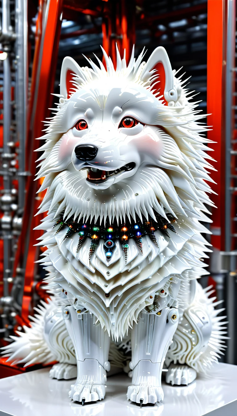 There is no one, Reality Photos, Reality Photos, Realistic photos of Samoyed-like creatures, spikes, multicolored sparkling, strange and, Surreal and, the other world, A robotic factory with a shiny assembly plant, intricate details, very sharp, Sophisticated details, Flawless composition, vivid colors, masterpiece, futuristic, metal decoration, The shiny red interior is empty., polished, ray tracing