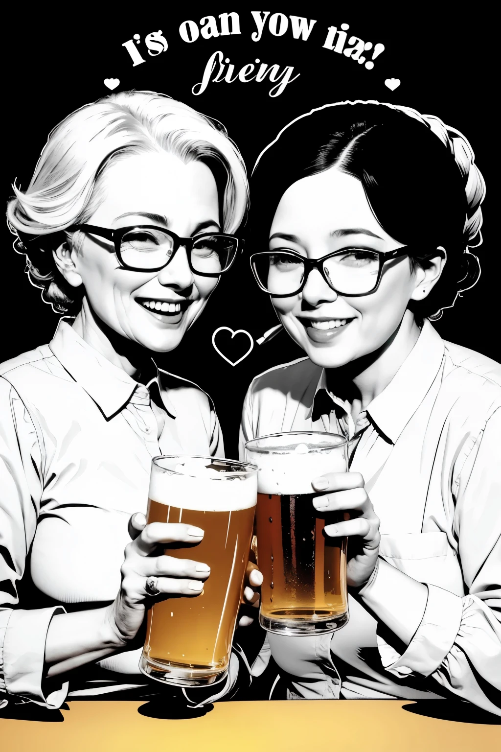 Create an image with two old women drinking beer with glasses in their hands and happy. The style of the image I want is a black and white vector drawing and only the glasses highlighted.