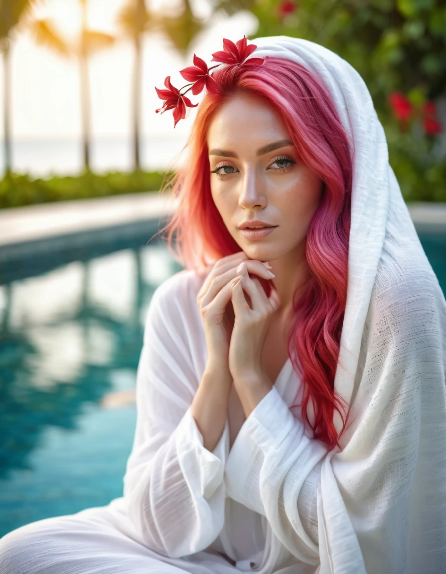 beautiful woman with long pink hair wearing( a white blanket blouse), with a red flower in front of her covering one eye and part of her face, natural sunlight,sitting in outside the pool of Maldives , light colors, bokeh style, in the style of ultrafine detail, high-quality photo
