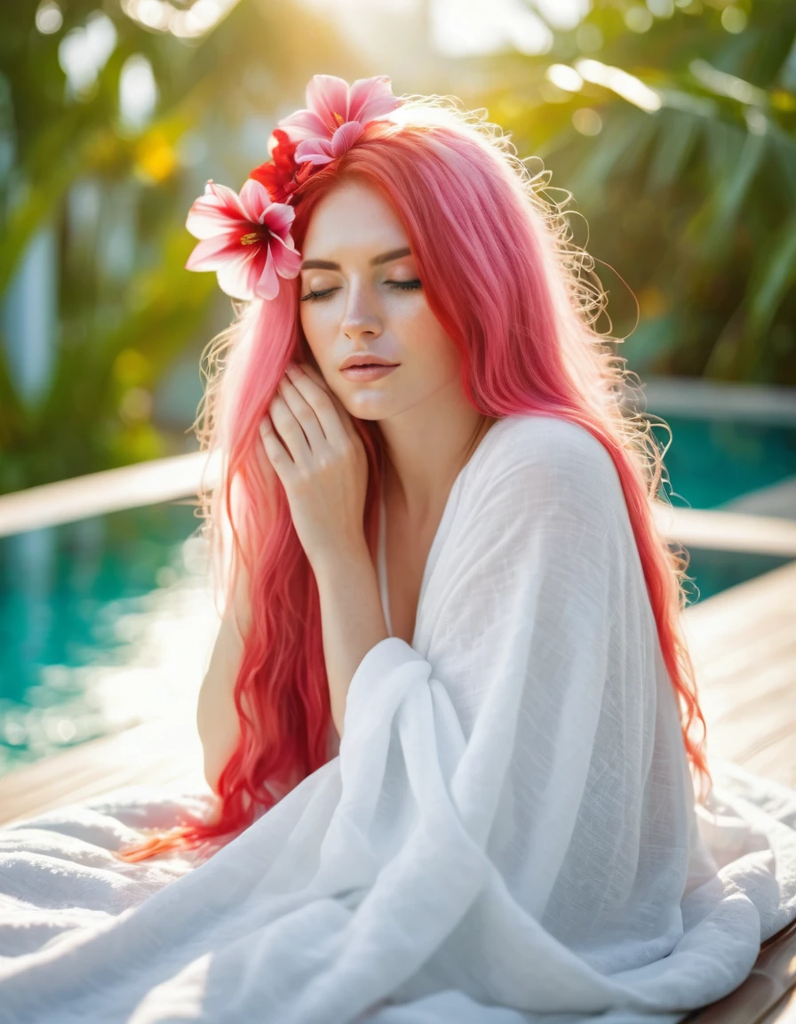 beautiful woman with long pink hair wearing( a white blanket blouse), with a red flower in front of her covering one eye and part of her face, natural sunlight,sitting in outside the pool of Maldives , light colors, bokeh style, in the style of ultrafine detail, high-quality photo
