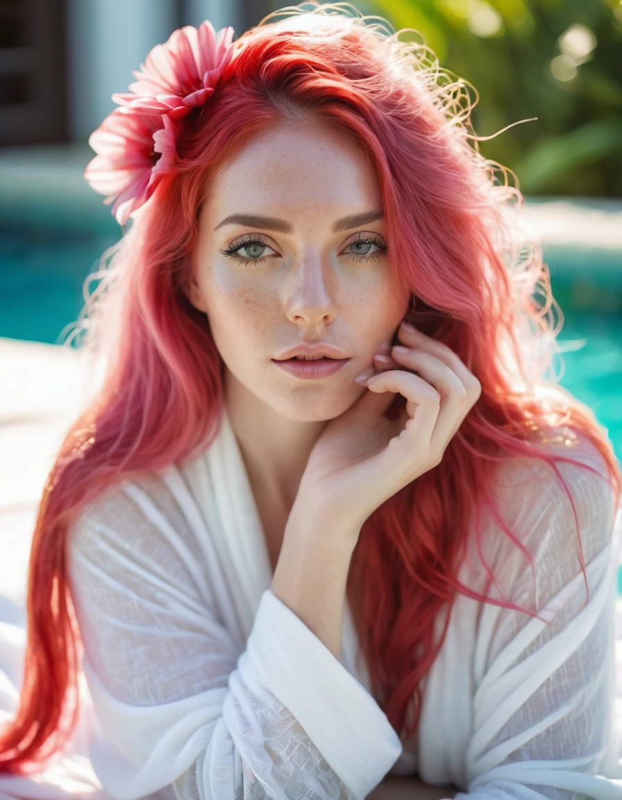 beautiful woman with long pink hair wearing( a white blanket blouse), with a red flower in front of her covering one eye and part of her face, natural sunlight,sitting in outside the pool of Maldives , light colors, bokeh style, in the style of ultrafine detail, high-quality photo