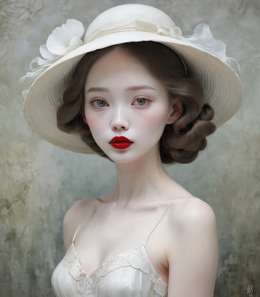 Araped woman in dress with white hat and red lips, pale porcelain white skin, Guweizu, Guweizu masterpiece, artwork in the style of Guweizu, soft portrait 8k, Pale Little Ghost Girl, porcelain white skin, by Russell Lu Dongjun, pale milky white porcelain skin, Elegant woman with alabaster skin
