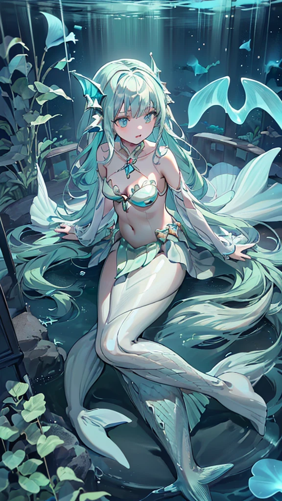 1 small curved loli，blue  hair，，dwarf，Lie at the bottom of the sea，full bodyesbian，Surrounded by monsters，Beauty wears transparent gel coat，The perfect figure reveals a slender waist，The lines are perfect，Raised sexy，Blushlush，Spread your legs，Hands touch the inner thighs，The shoulders and navel are clearly visible，View from above，