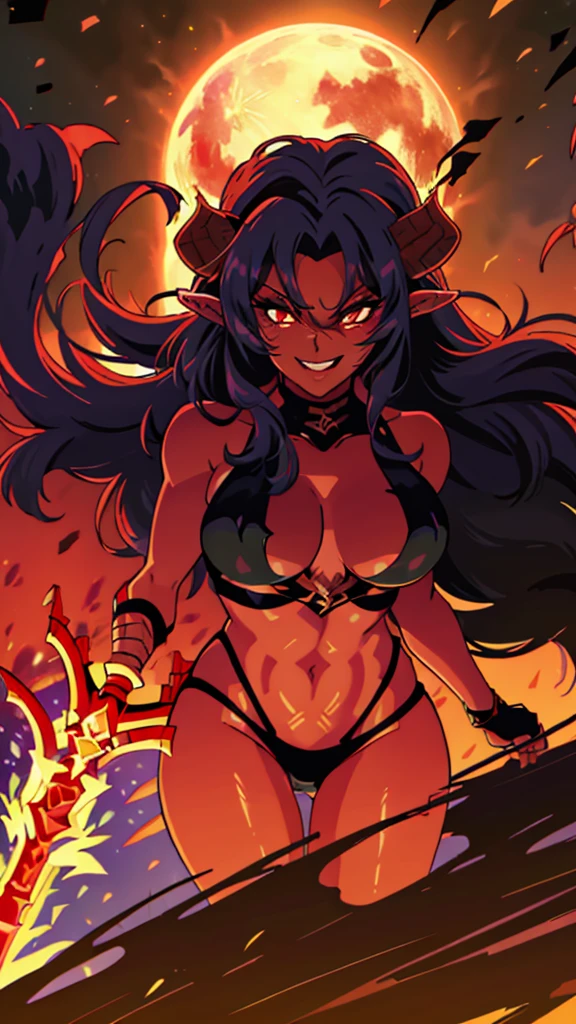 1girl,adult,fit,30s,solo,sensual,black armor,cleavage,pointy ears,black hair,long hair,(((red skin,colored skin))),night,moon,flying,evil smile,dynamic pose, horns,fire magic,lady demon,fire sword