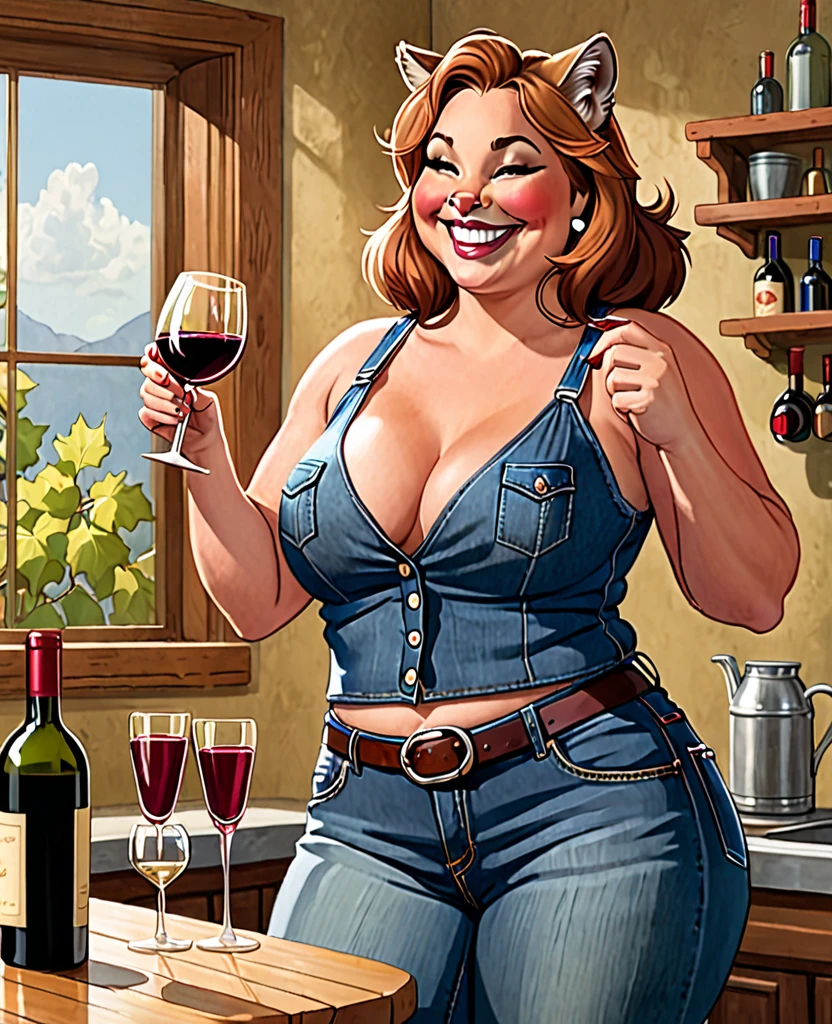 A female anthropomorphic cougar, chubby, with jeans and a tank top on, wine glass in hands, giggling, exposed cleavage